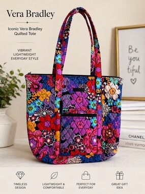 Vera Bradley Rare Floral Quilted Tote Bag Retired Print Large Travel Work Purse